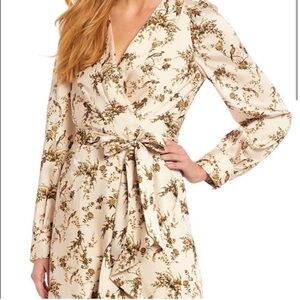 ANTONIO MELANI Shira Cream Taupe Brown Tone Floral Bird Animal Print Wrap Dress
